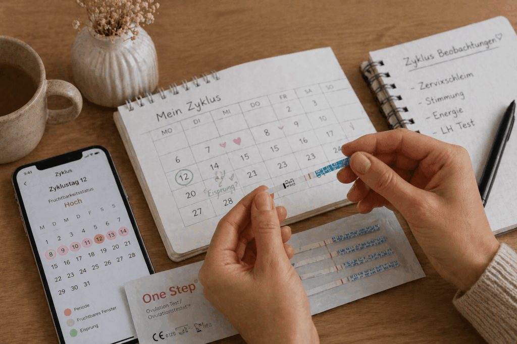 Ovulationstest Zyklus Tracking Frau Eisprung bestimmen Kalender App Fruchtbare Tage erkennen