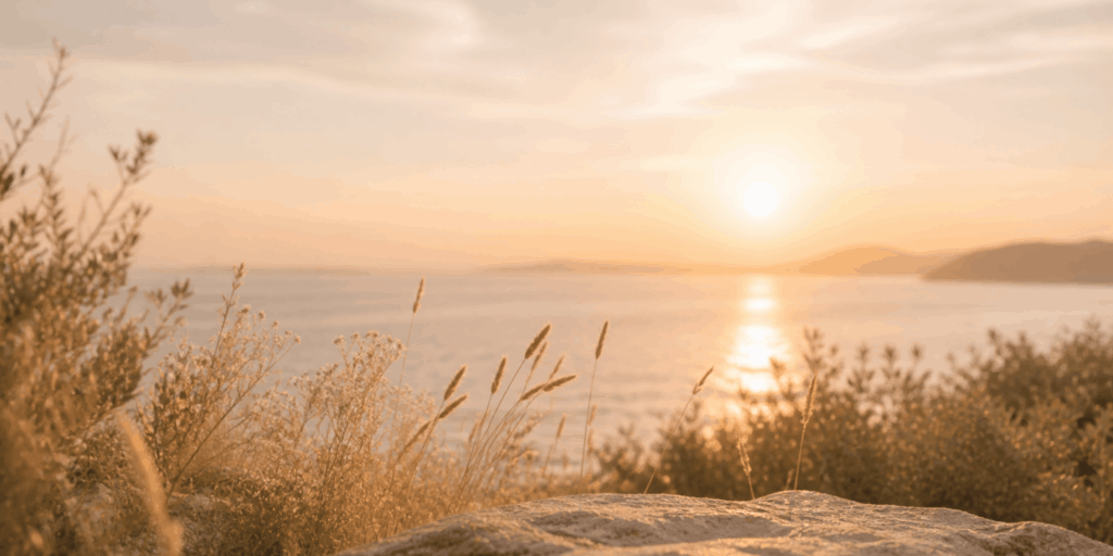 Sonnenuntergang am Meer mit warmem Licht, sanften Gräsern im Vordergrund und ruhiger, natürlicher Atmosphäre – symbolisch für Ruhe, Selbstfindung und innere Balance